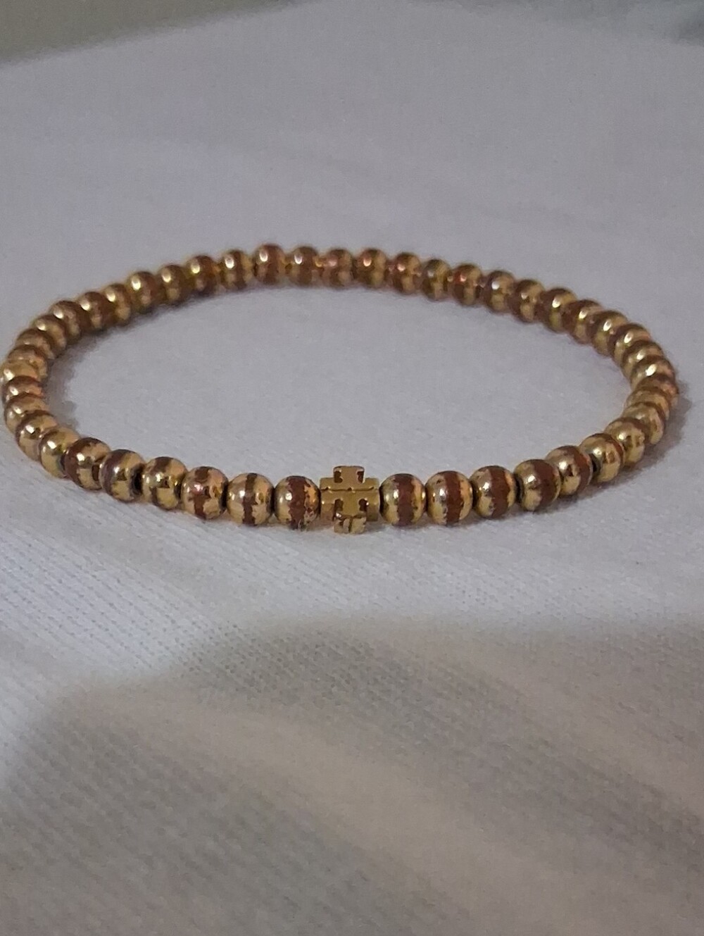 Tory Burch Gold Beaded Cross Accent Stretch Bracelet
